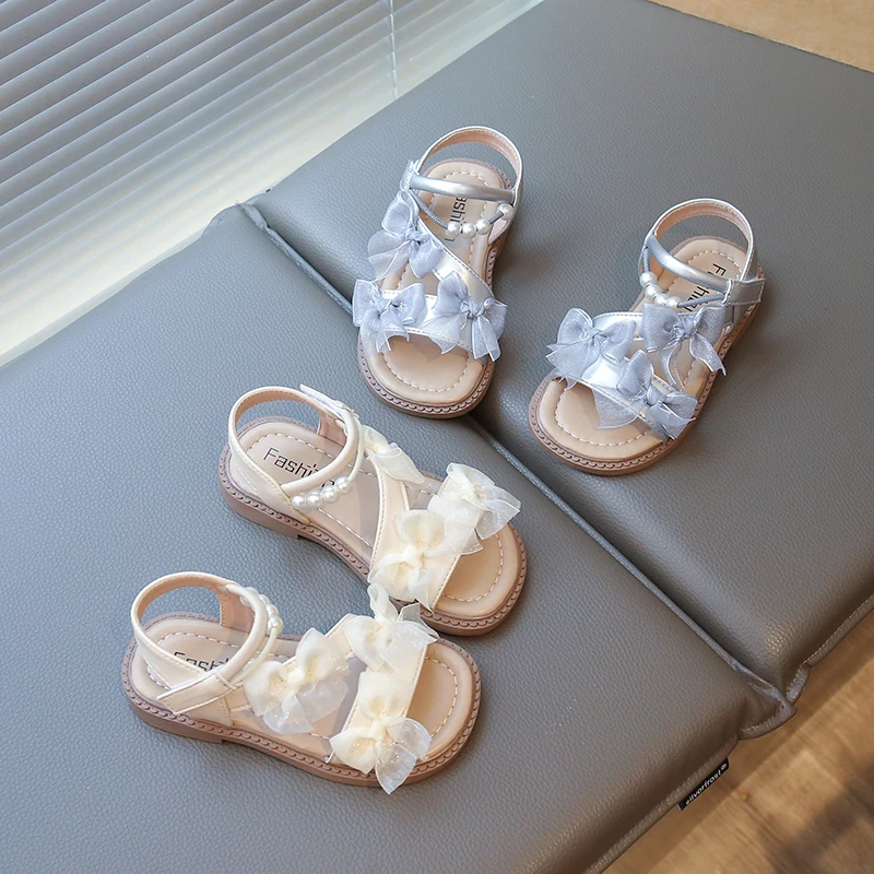 Fashion Sandals for Girls 1-18 Years Beige Open-Toe Bow Kids' Shoes Silver Flat Non-slip Kids' Sandals Baby Children Kids Shoes