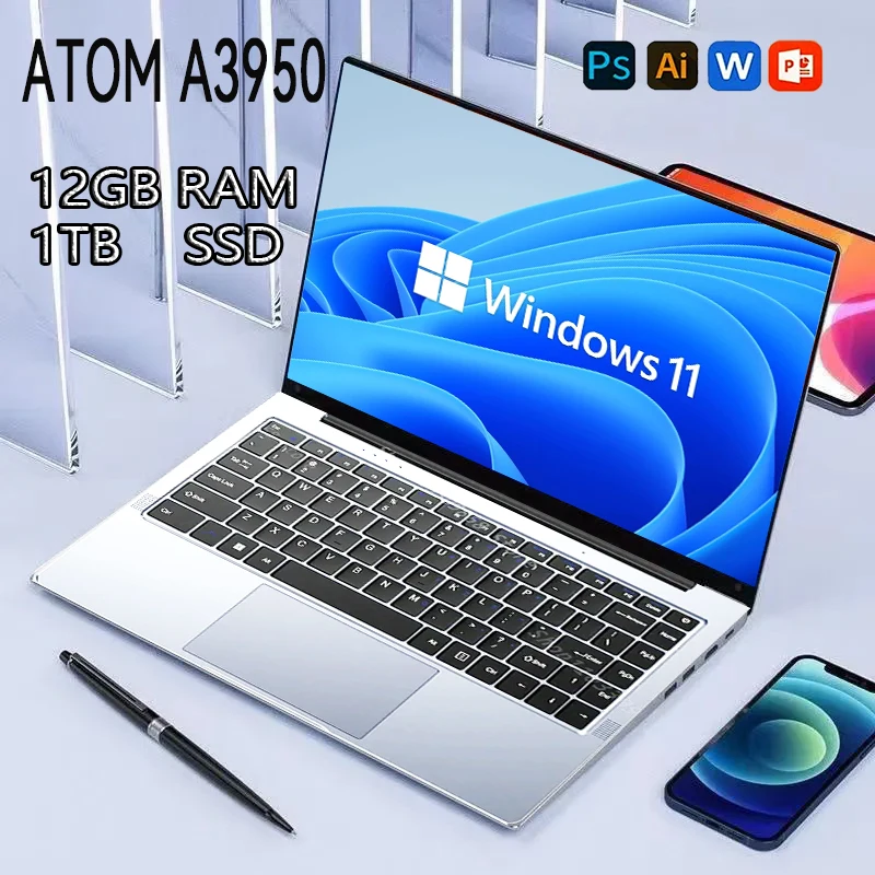 

Новый ноутбук 2026 ATOM A3950, 12 ГБ ОЗУ, 1/2 ТБ SSD, портативный, 14,1 дюйма, Windows 11 Pro, для офиса и игр