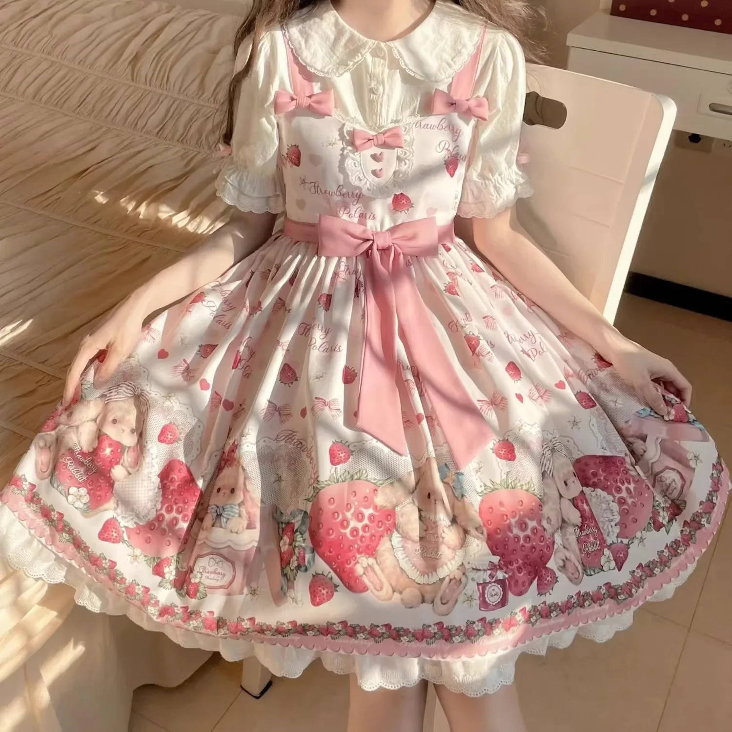 

Victorian Sweet Lolita Jsk Dress Strawberry Cartoon Cute Rabbit Print Suspenders Dress Japanese Summer Girl Kawaii Party Dresses
