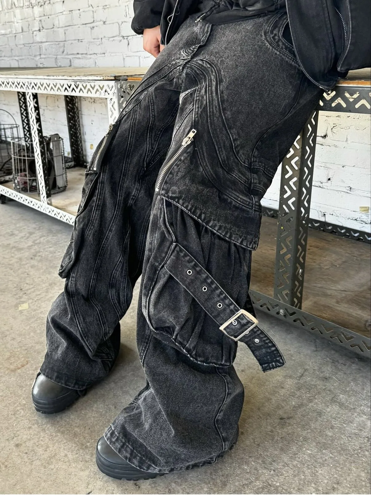 No Faith Studios Multi-Pocket Waves Black Washed Trousers 3D Cut Tooling Jeans