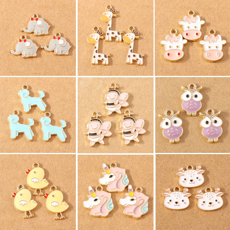 

10pcs Enamel Cartoon Animal Charms Elephant Puppy Owl Cow Pendants for Jewelry Making DIY Earrings Necklace Accessories