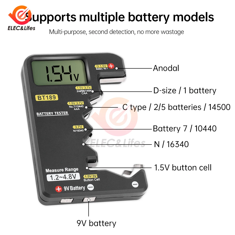 BT189 Tester baterii uniwersalny domowy wyświetlacz LCD 9V AA AAA przycisk Tester akumulator z czujnikami banku mocy narzędzia