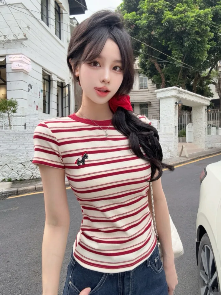 

Korean Style Color Block Neck Design Striped T-Shirt Casual Short Sleeve Embroidery Slimming Top for Women Summer Fashion