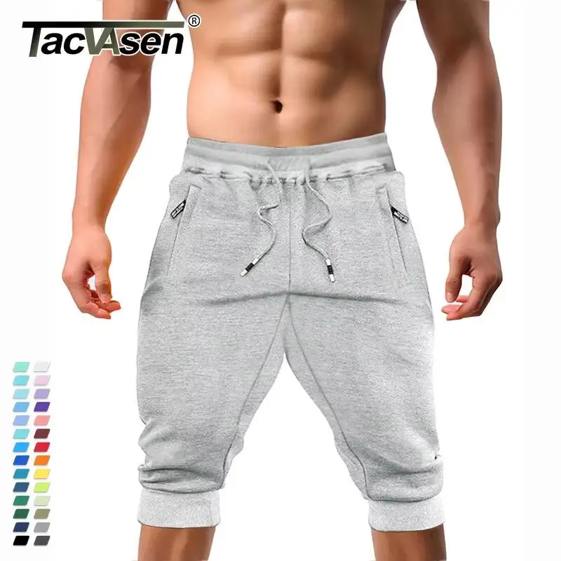 TACVASEN Casual Shorts 3/4 Jogger Capri Pants Men's Breathable Below Knee Outdoor Sports Gym Fitness Shorts with Zipper Pockets