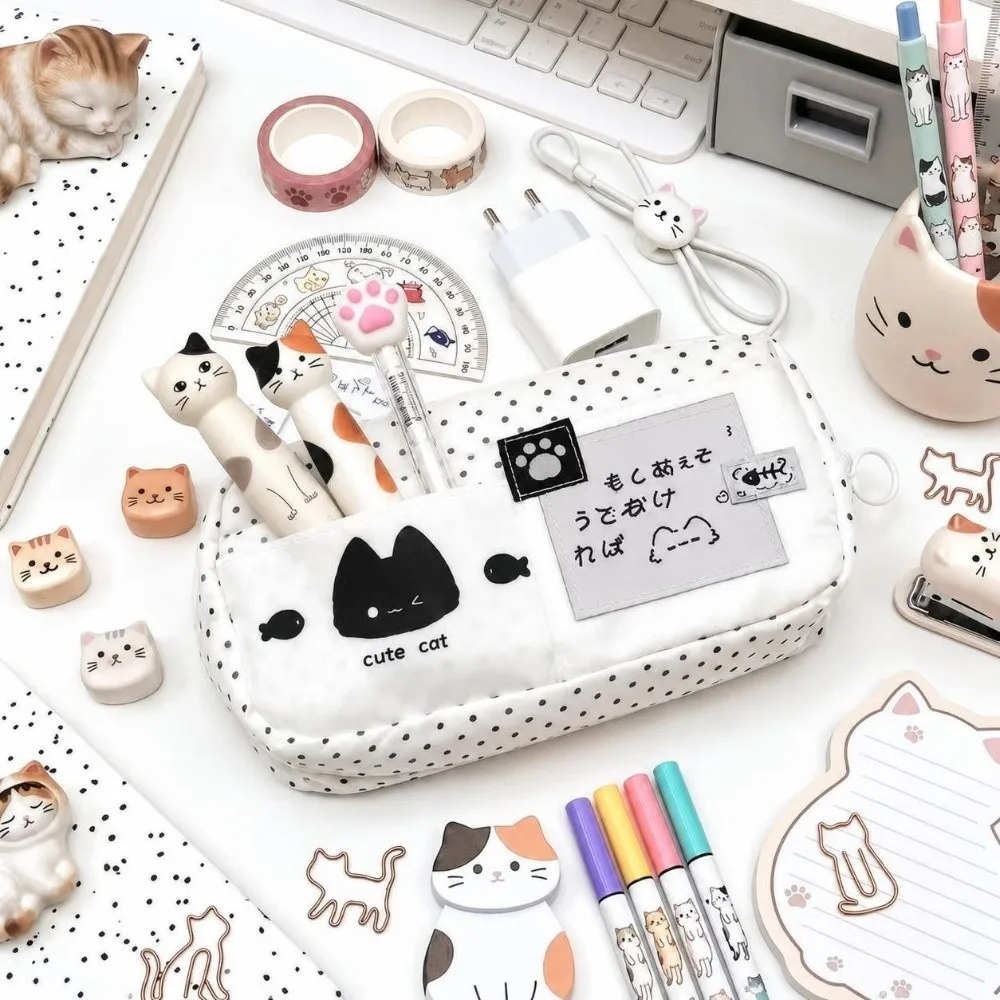 Large Capacity Cat Pattern Pencil Case Multi-Layer Cartoon Stationery Organizer Zipper Polka Dot Pen Bag School Supplies