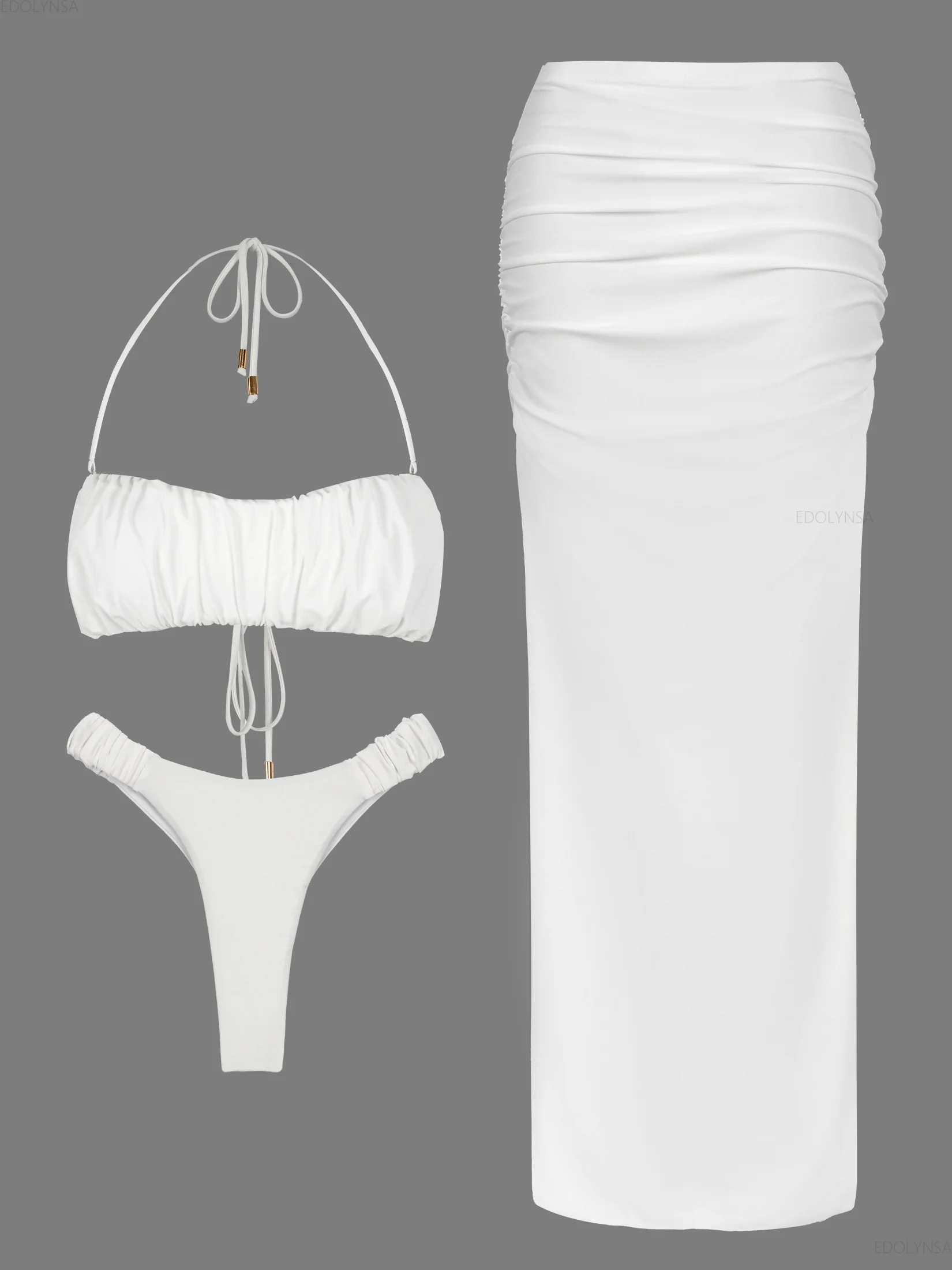 

Комплекты бикини из трех предметов с белыми пузырьками, купальник-бандо с рюшами, белая макси-юбка с высоким вырезом, купальник, роскошный пляжный наряд K264