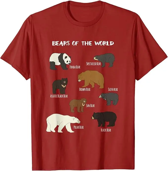 Bears of The World Grizzly Bear Panda Black Polar T Shirt Y2k Bears Wildlife T-Shirt Graphic Apparel Short Sleeve Soft Cotton