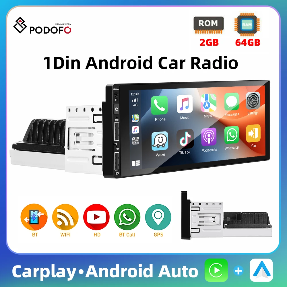 Podofo 6.86'' 1Din Android Car Stereo 2+64G Multimedia Player Carplay Android Auto WIFI Bluetooth GPS Navigation FM Car Audio