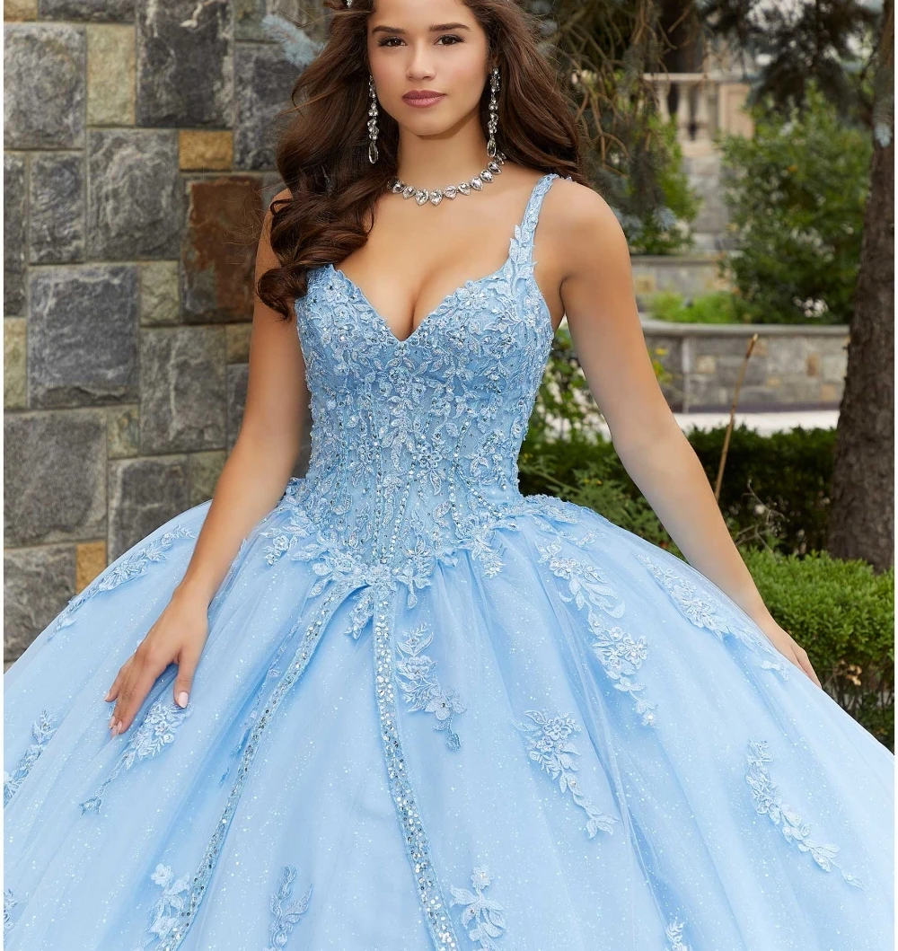 EVLAST Customized Blue Quinceanera Dress Appliques Floral Lace Beaded Pouf Long Sleeve Corset Sweet 16 Vestidos De XV Año TQD114