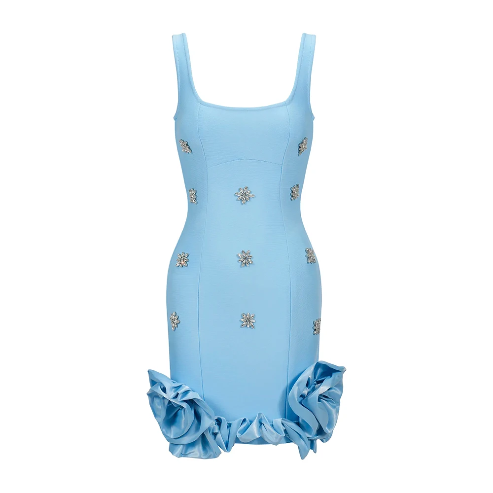 Minivestido Sexy Floral 3D ceñido con diamantes de imitación, sin mangas, sin espalda, con volantes, vestidos cortos de lujo, trajes de fiesta de noche y cumpleaños