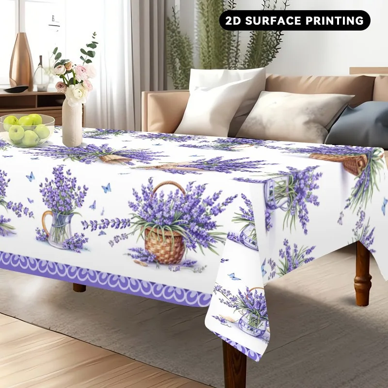 1pc Rectangular Tablecloth Lavender Bouquet Pattern Tablecloth, Country Style Home Decor, Luxurious Polyester Design, Suitable for Dining Tables, Conference Tables, Indoor And Outdoor Use, Perfect for Weddings, Birthdays, Picnics, And Holidays