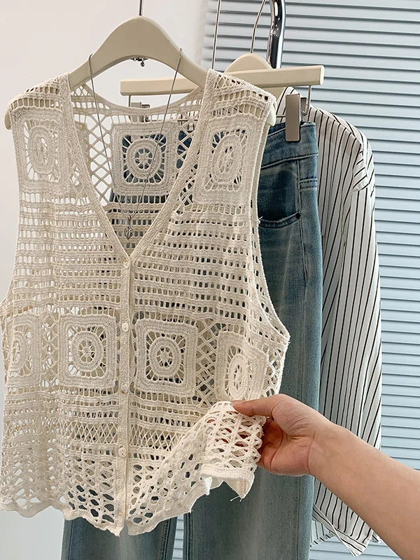 Bohemian Knitted Hollow out V-Neck Women's Vest Summer New Style Slimming Versatile Layering Trendy Cotton Breathable Single ...
