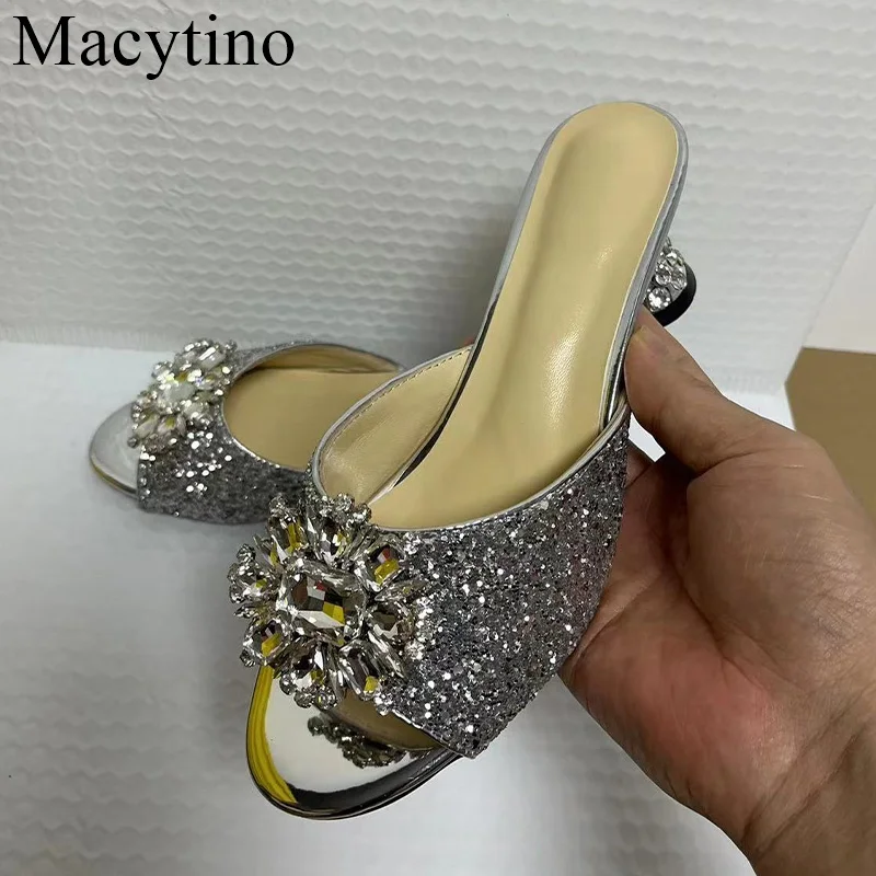 2024 Summer Rhinestone High Heels Cool Slippers Women Fashionable Wine Glasses With Sandals Pedal Women\'s Shoes Word Flops