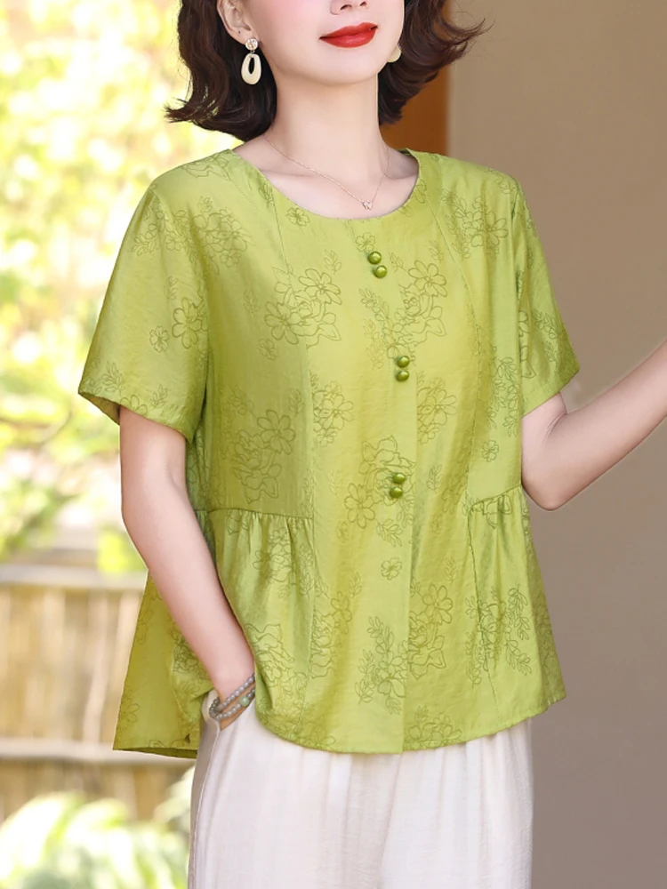 

Short Sleeve Shirt 2025 Summer New Chinese Style Print Cardigan Top Casual Single-breasted Blouse For Women