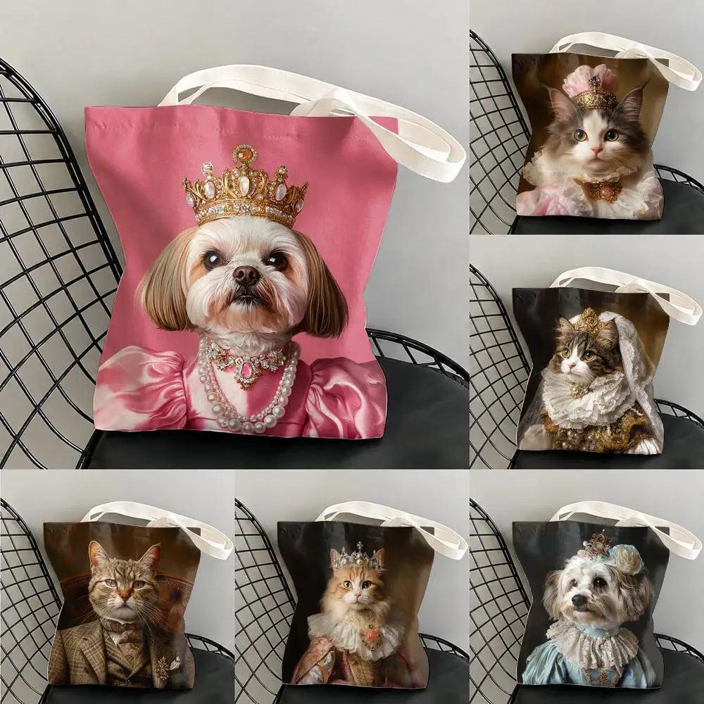 Cute Royal Pet Portrait Storage Bags Large Capacity Canvas Tote Bag Double-Sided Print Shoulder Handbag for Daily Shopping