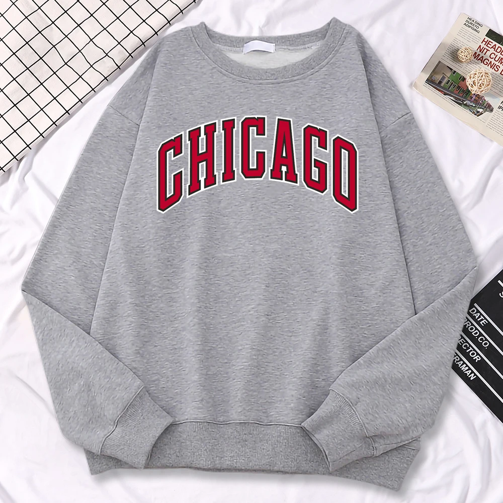 Street Kawaii Sweatshirt For Women Chicago American City Print Hoodie Crewneck Soft Pullover Warm All-Math Female Sportswear