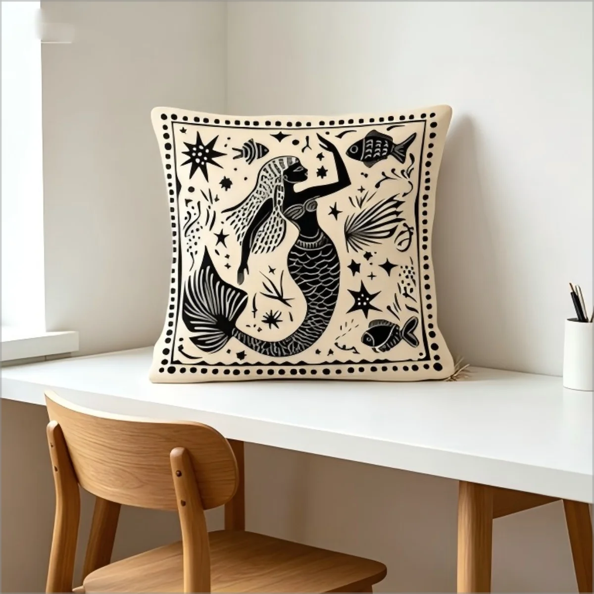 Boho Mermaid Print Throw Pillow Cover, Black Beige Tribal Folk Art Underwater Starfish Fish Decorative Cushion