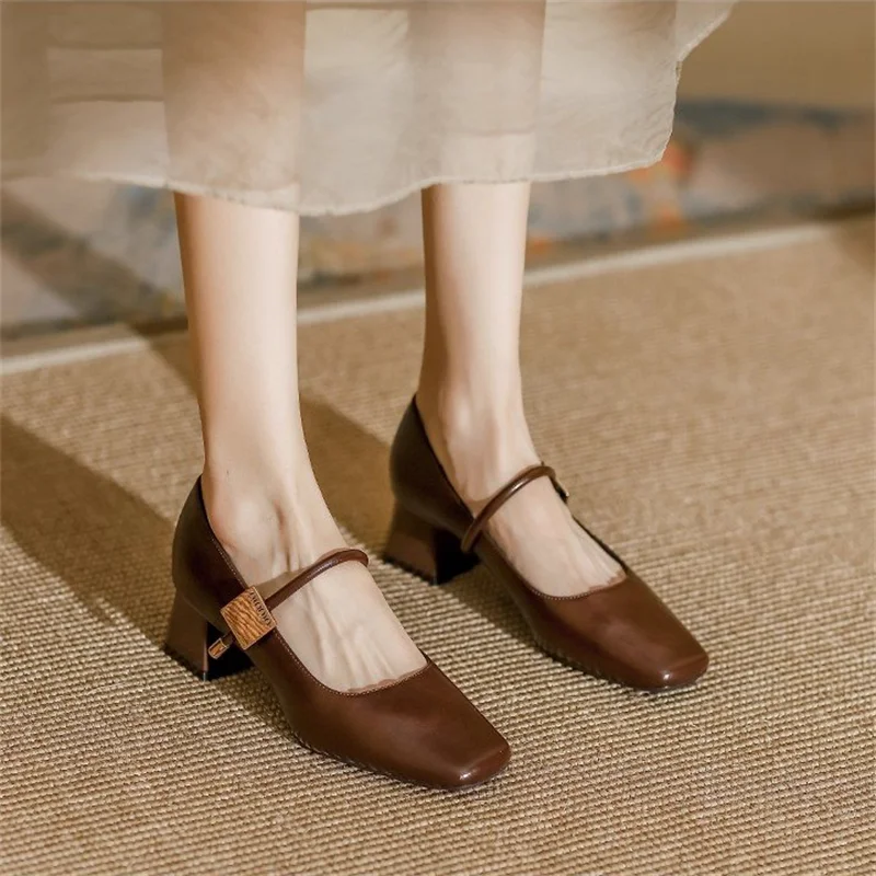 2026 New French Retro One Strap Soft Leather Women Pumps Square Toe Mid High Heel Elegant Dress Matching Ladies Heels