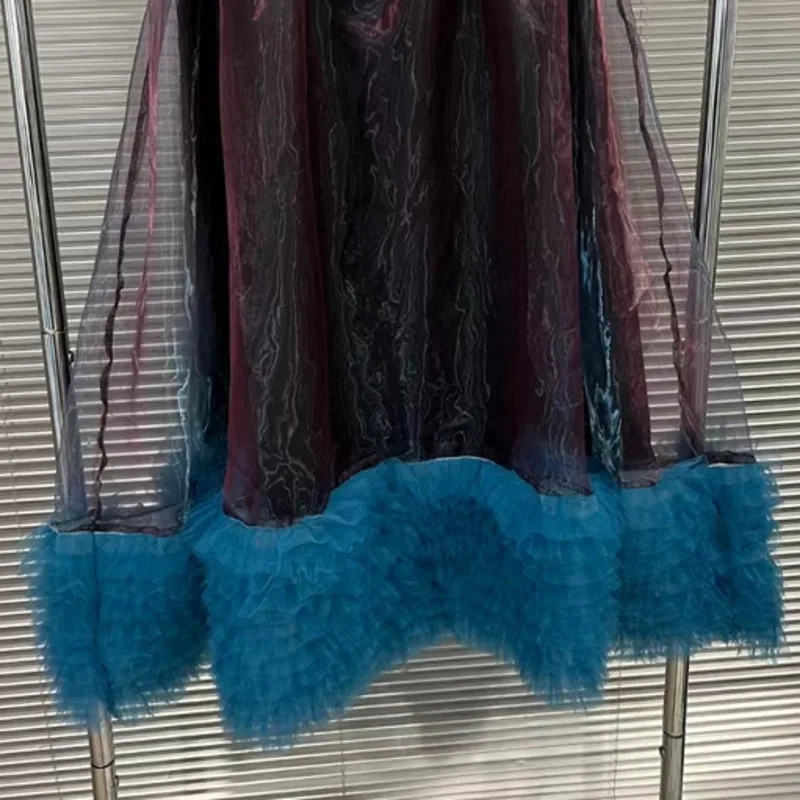 HKSH Autunno Nuove Donne Gonna Elastico in Vita Maglia Patchwork Ruffles Colore di Contrasto Alla Moda High Street Elegante Moda Gonne HK9481