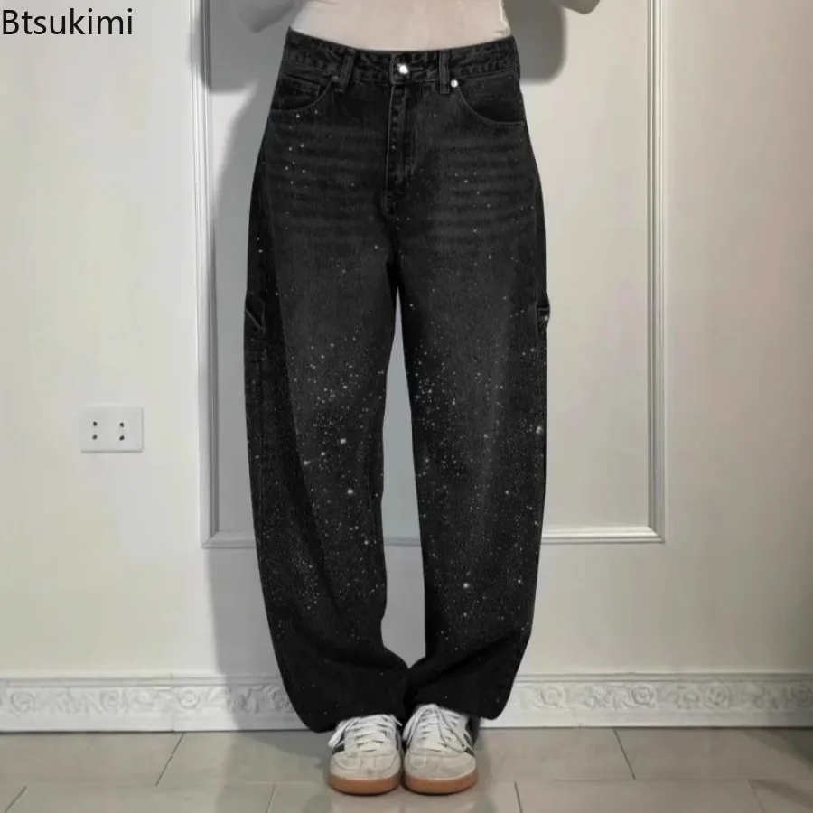 New Women's High Waist Denim Jeans Star Hot‑fix Rhinestone Sparkle Distressed Y2K Fashion Vintage Casual Streetwear Ladies Pants