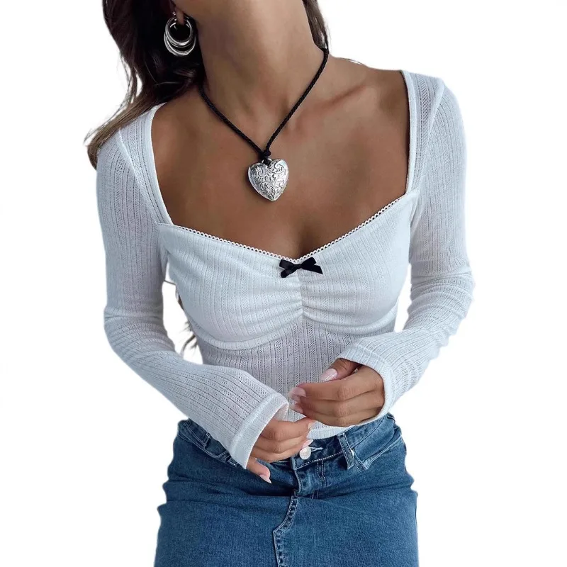 

Lace Sweet Low V Sweetheart Neck White Hollow Out Long Sleeve T-Shirt Women'S Fashion Korean Chic Spring Bow Slim Blouses Tops