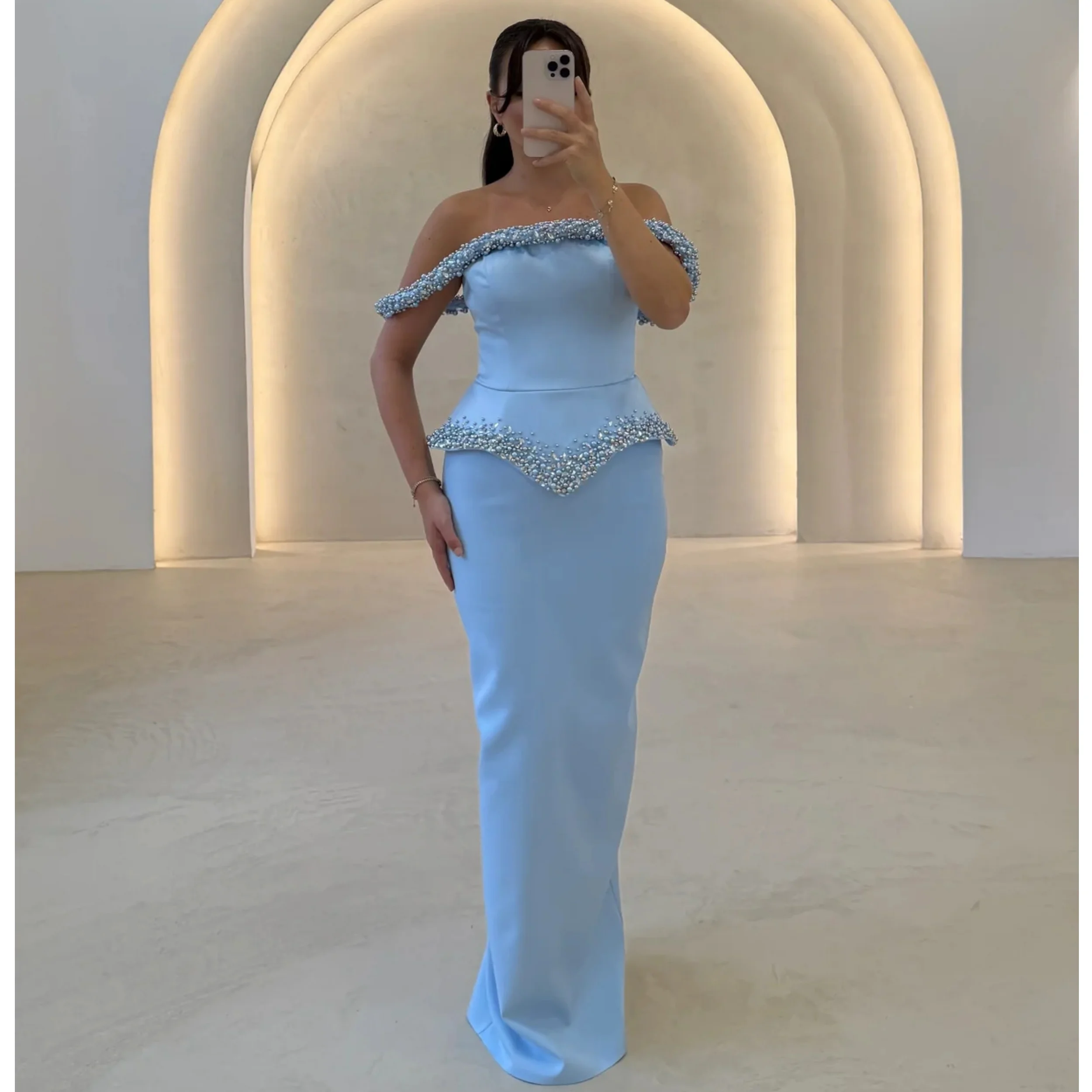 Sexy Blue MermaidEvening Dresses Off Shoulder Pearls Prom Gowns for Formal Events Customized Beading Stain Wedding Dresses