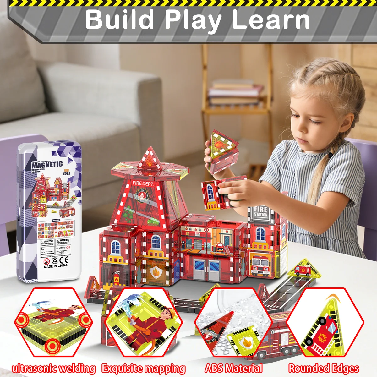 Fire Station Magnetic Building Blocks STEM Educational Toys for Kids 3+ Role Play Firefighter Theme with Storage Iron Box Travel