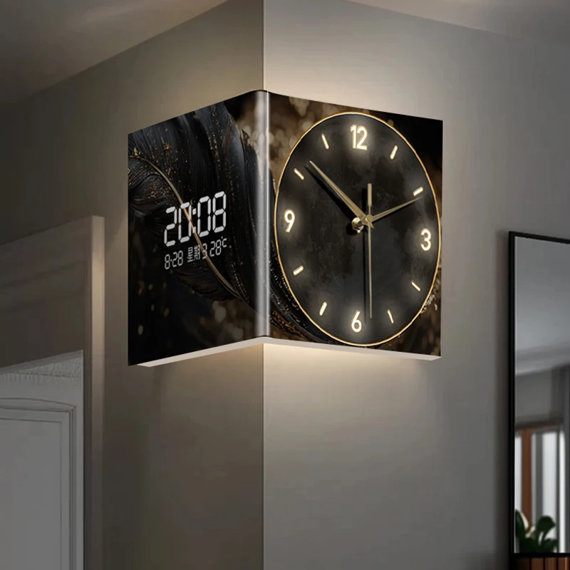 Double-sided acrylic abstract art wall clock, with silent operation, pointer and numeral display, suitable for living room.