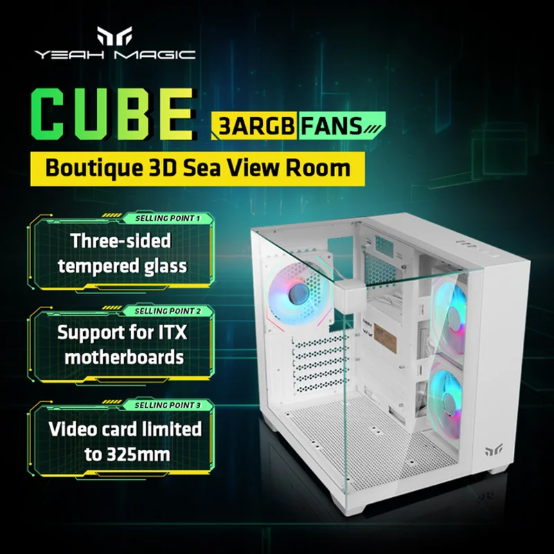 

Yeah Magic Cube PC Case Game MATX Desktop Computer Chassis Seaview Room Case Curved Glass Support 240 Water Cooling+3Pcs Fans