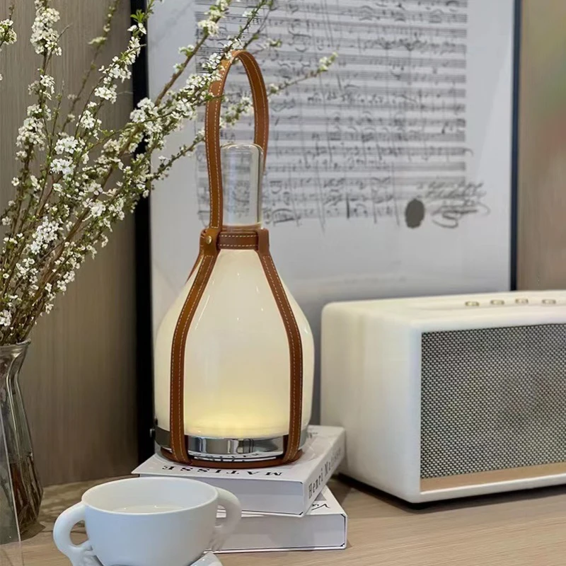 

Milk bottle touch dimming desk lamp bedroom creative bedside glass medieval outdoor charging portable leather decorative lamp