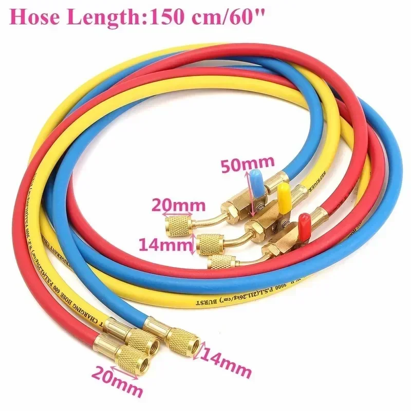 150cm HVAC 1/4 Cal SAE 600 PSI R410a R134a R22 przewody ładujące z zaworem zamykającym