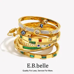 E.B.belle Rectangular Shell Demon Eye Blue Eyes Hollow Line Rhinestone Zircon Closed Bracelet 18K Gold Plated Stainless Steel