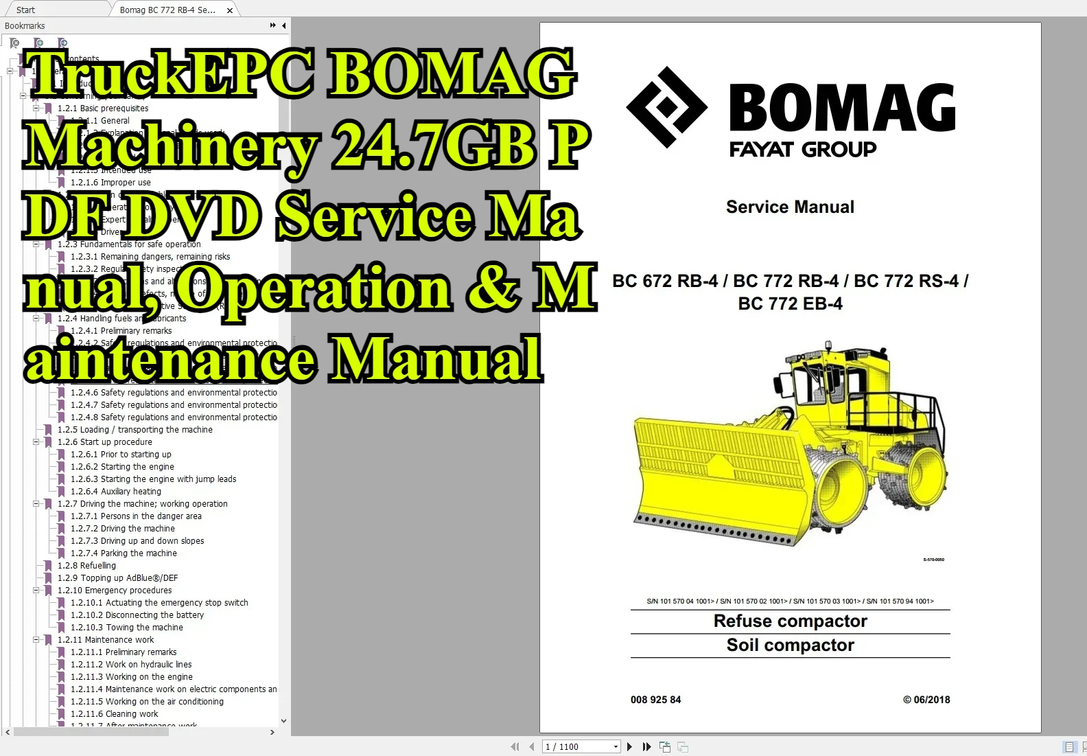 

TruckEPC BOMAG Machinery 24,7 ГБ PDF DVD Руководство по обслуживанию, руководство по эксплуатации и обслуживанию