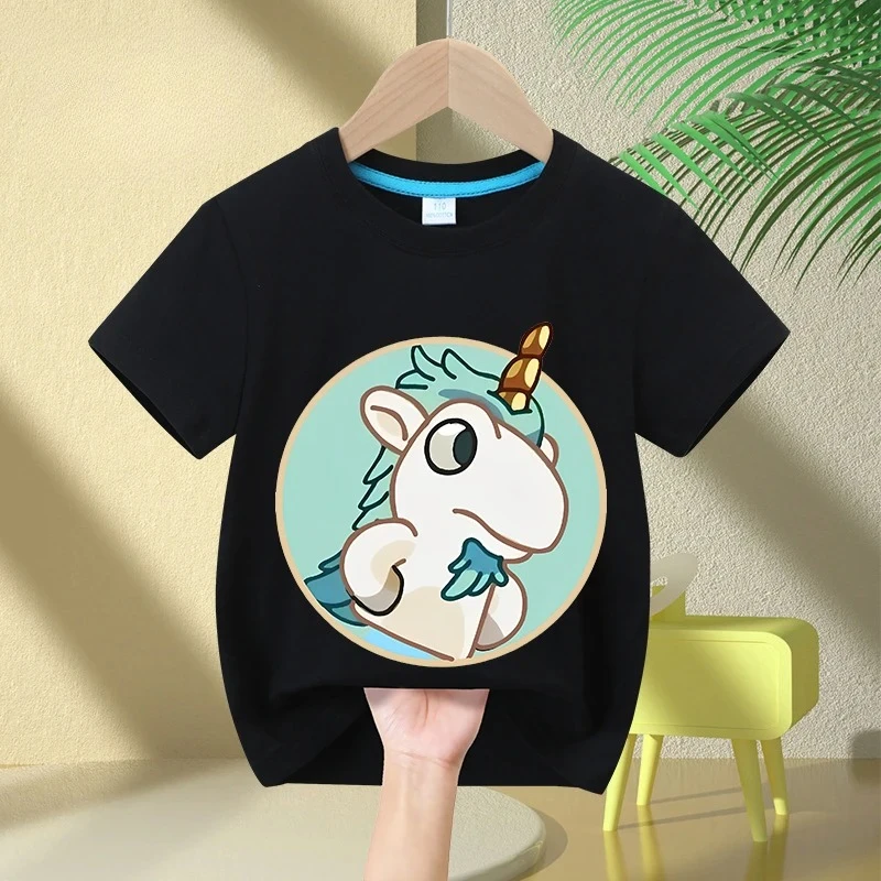 Niedliches Einhorn-Höhlen-Cartoon-Kinder-T-Shirt, Sommer-Mädchen-T-Shirt aus reiner Baumwolle, kurzärmeliges, lässiges Oberteil, atmungsaktive Kinderkleidung für Jungen