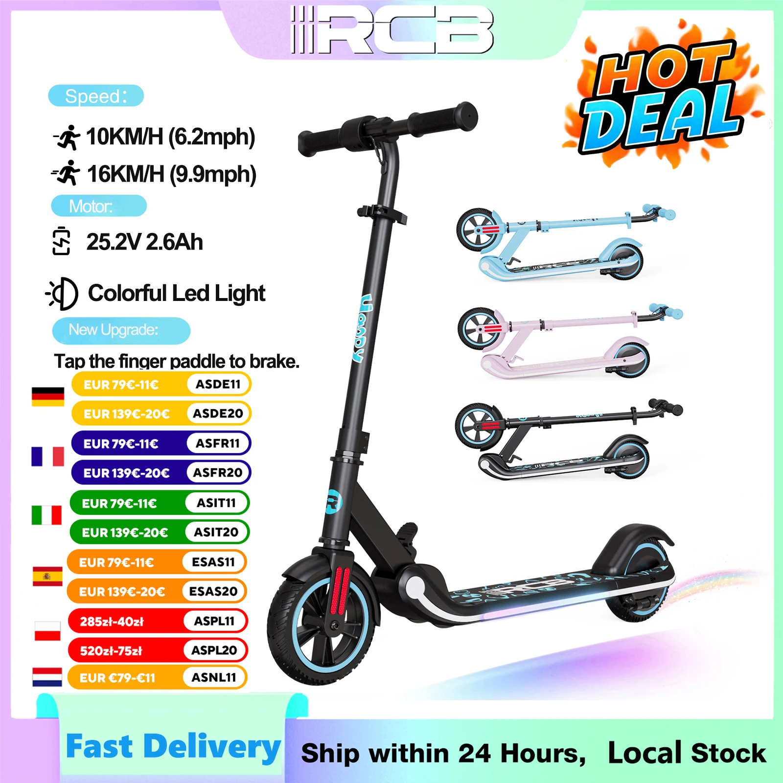 Trottinette Électrique pour Enfants 6-12 Ans RCB, Moteur 150W, Vitesse Max 16km/h, Éclairage Arc-en-Ciel, Pliable et Léger