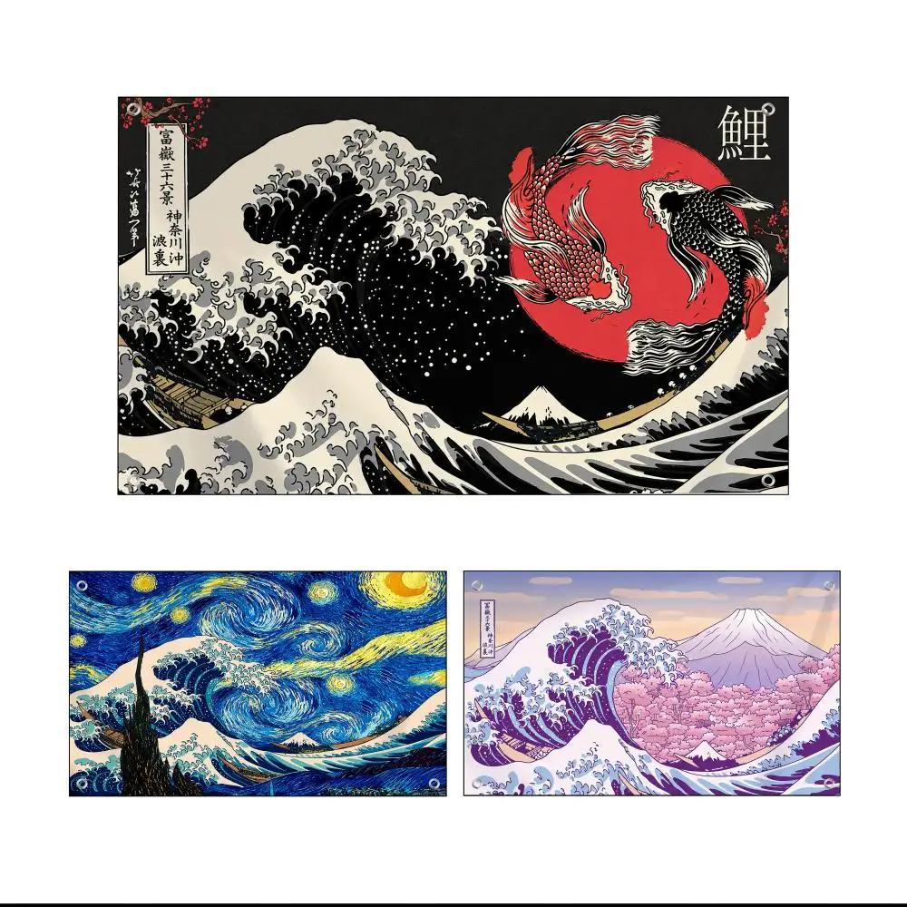 Japanese Wave Art Prints Flags Custom Wall Hanging Background Art Banner For Bedroom Home Living Room Outdoor Decor