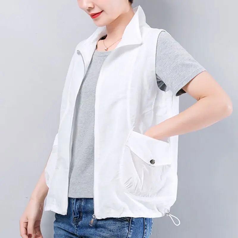 Spring Summer New Plus Size Sleeveless Zipper Office Vests Solid Loose Pockets Casual Tops Tees Vintage Fashion Women Clothing