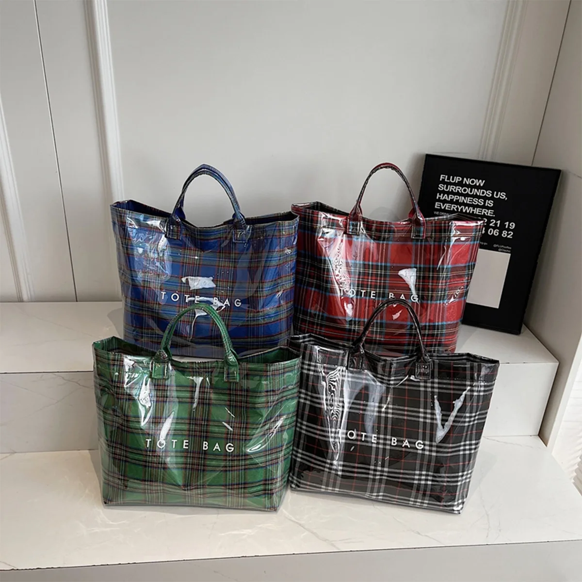 

Fashion Geometric Tote Bag Clear Overlay Letter Print Large Capacity Velcro Internal Zipper Pocket for Commute Shopping