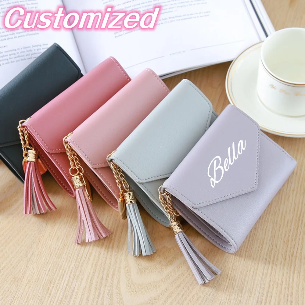 

Personalized New Female Purse Custom Name Fashion Short Cute Fringed Mini Purse Multi-card PU Leather Moneybag Billfold Student