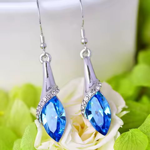 Dark Pink Blue Water-drop Crystal Drop Earrings for Women New Trendy Silver Color Rhinestones Hook Earrings Dangle Ear Jewelry