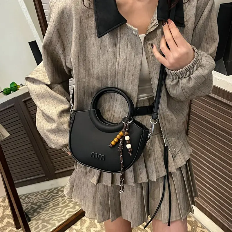 Retro Mini Half Moon Handbag for Women PU Leather Crossbody Bag with Detachable Strap Bead Charm Casual Daily Purse Bolso Mujer image 6