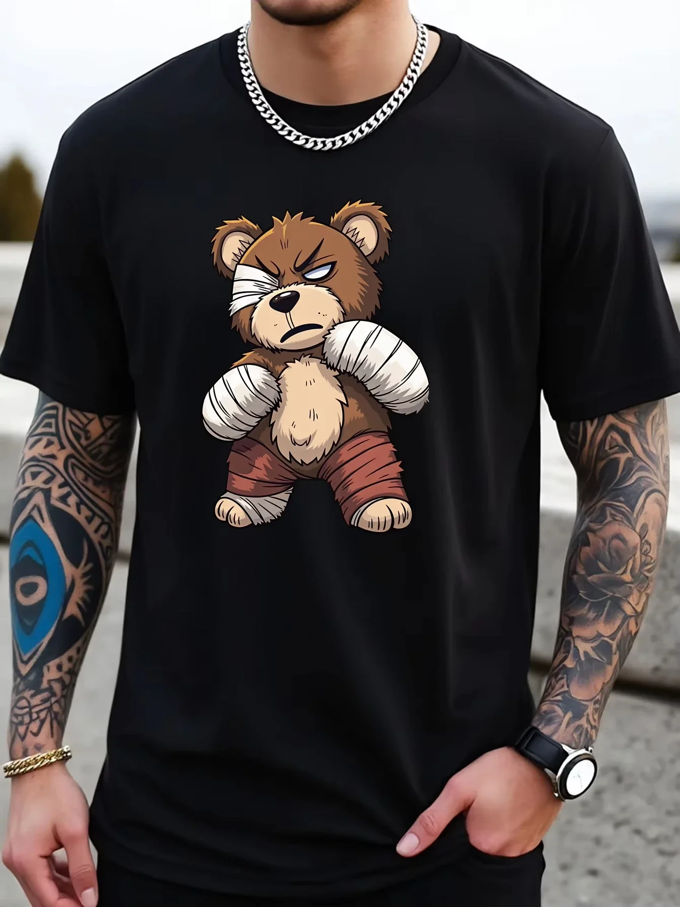 Mens Tough Boxing Bandaged Teddy Bear Graphic T Shirt Cool Street Style Cartoon Print Casual Crew Neck Short Sleeve Tee