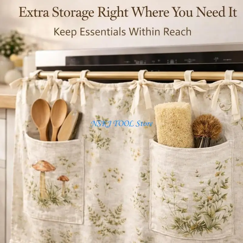 L8RC Oven Skirt with Pocket Heat Resistant Fabric Elegant Ruffled Oven Curtain Cover