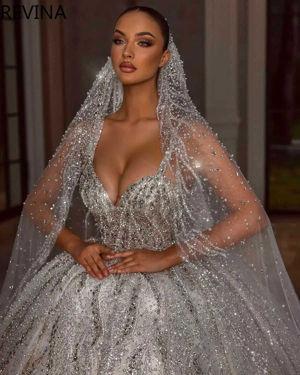 

Luxury Sequin Ball Gown Wedding Dress V Neckline Long Lace Sleeve Vestidos De Novia Corset Bodice Beaded Bridal Dress Customized