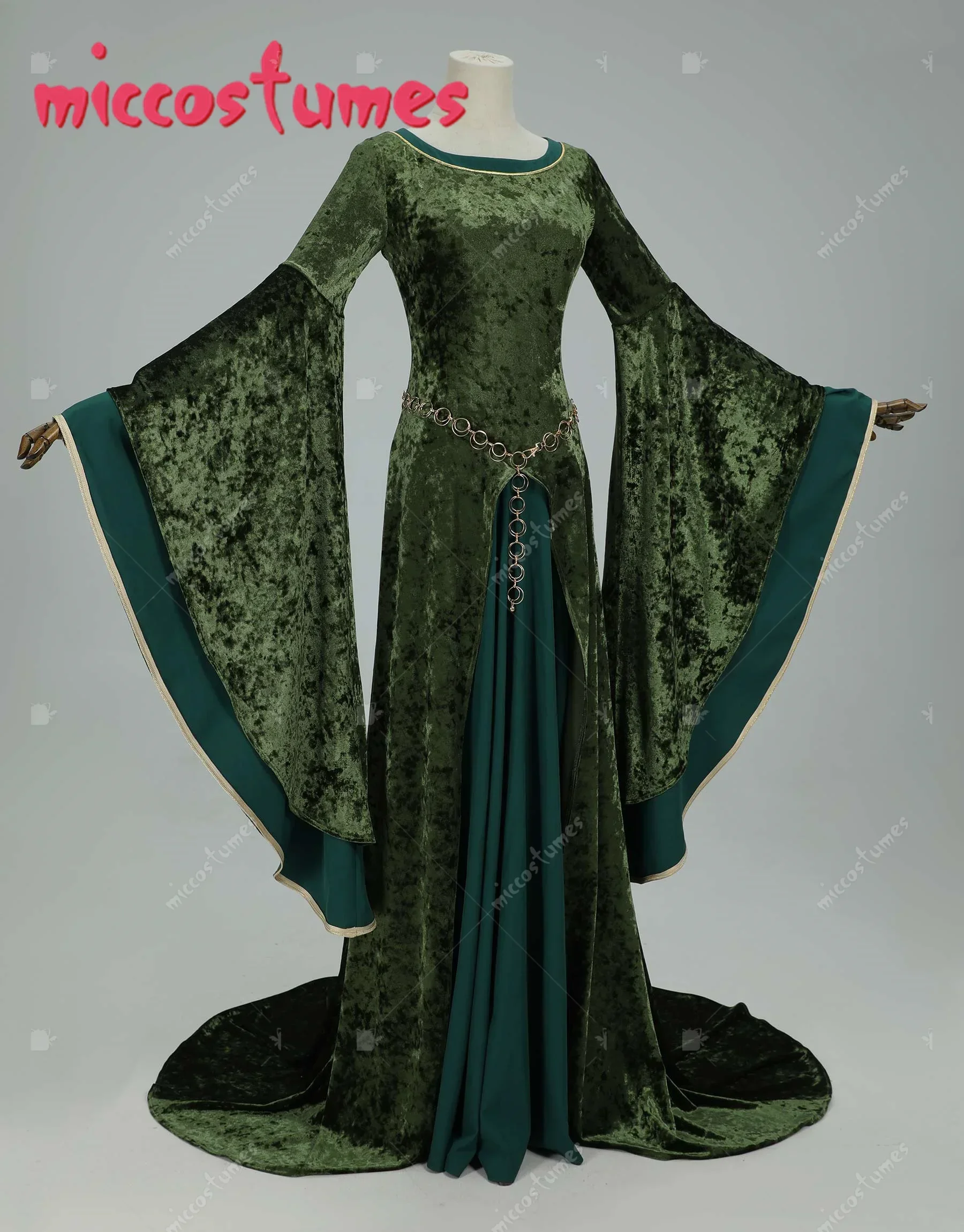 MICCOSTUMES عصر النهضة القرون الوسطى نمط Elinor مشتق طويل الأكمام واسعة فستان أخضر مخملي وسلسلة الخصر تأثيري حلي