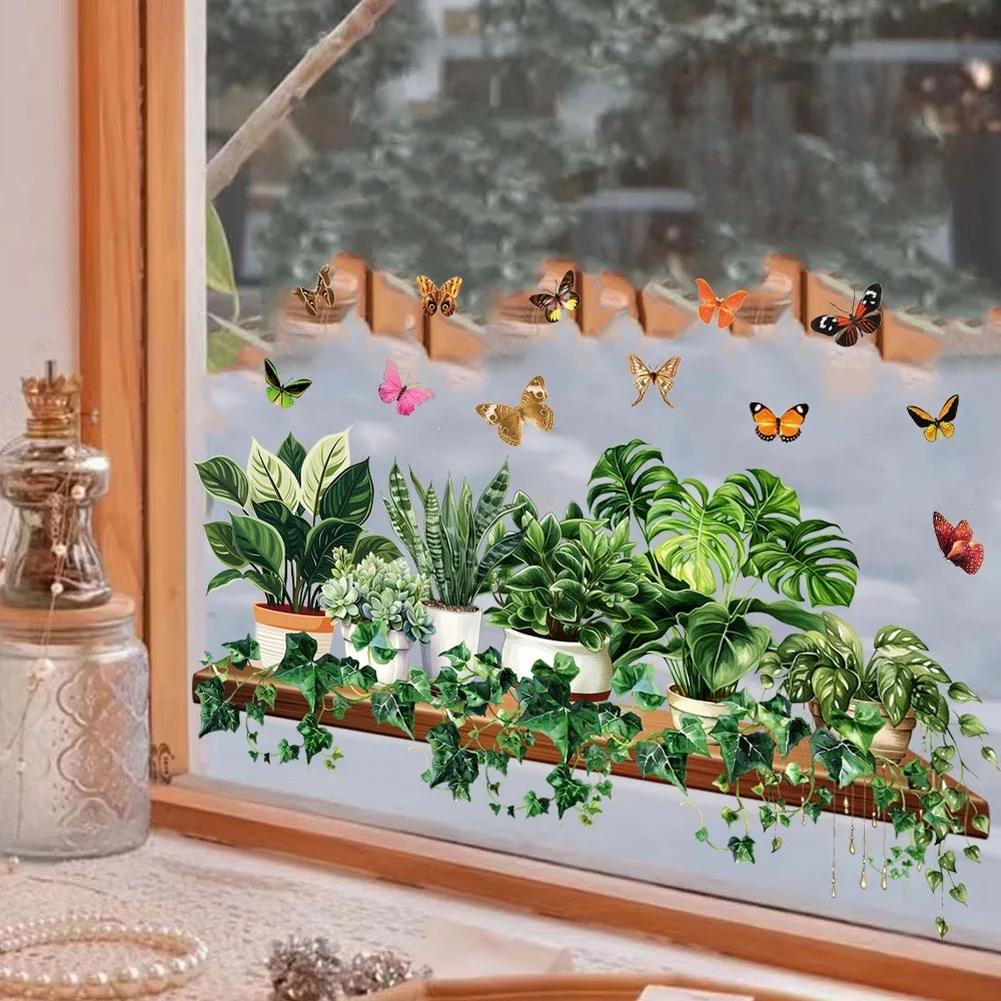 Botanical-Themed Glass Clings with Leaf and Butterfly Patterns Designed for Home Office and Retail Space Decoration