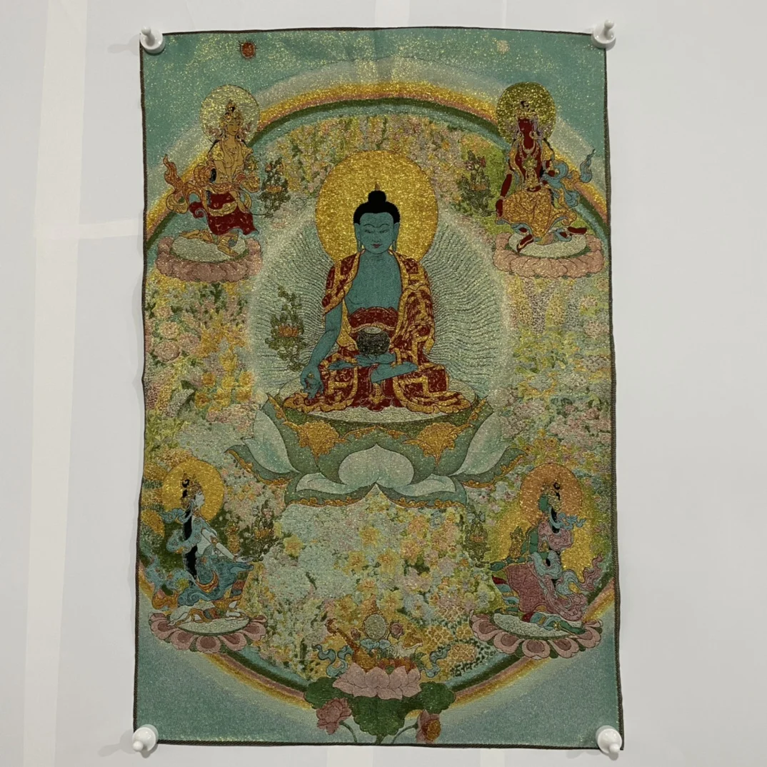 China Old Tibet Silk Thangka Like Hanging Painting Fengshui Tibetan Four Arm Buddha