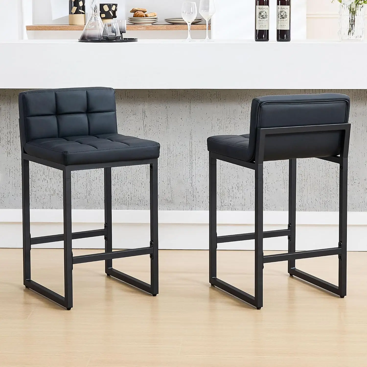 Mid-Century Modern Leatherette Bar Stools, Set of 2 with Low Back and Footrest, Stylish Upholstered Counter Height Chairs