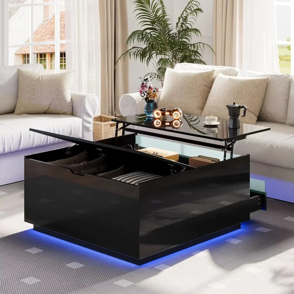 

High Gloss Coffee Table with Storage,White Square Lift Top Coffee Tables with LED & Flip Lid, Small Modern Coffee Table for Livi
