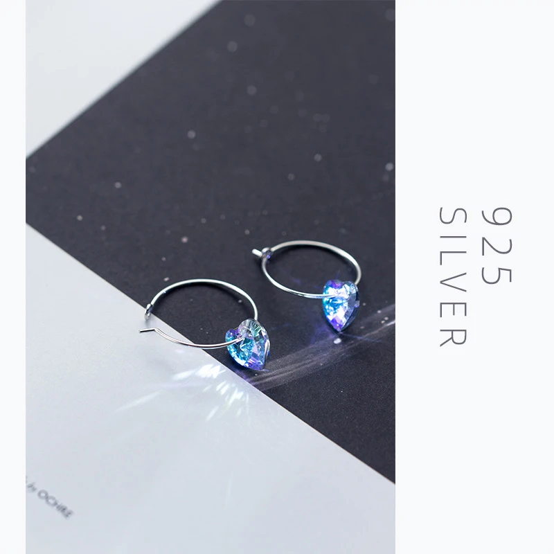 Modian Sparkling Blue Crystal Swing Hoop Earrings For Women Classic Heart 925 Sterling Silver Luxury Jewelry Female Accessories